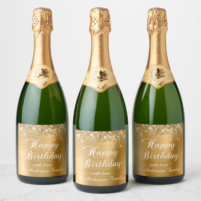 Glittery Gold Foil Happy Birthday Sparkling Wine Label (Bottles)