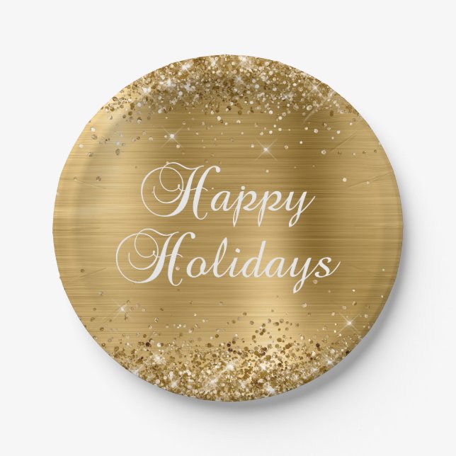 Glittery Gold Foil Happy Holidays Paper Plate (Front)