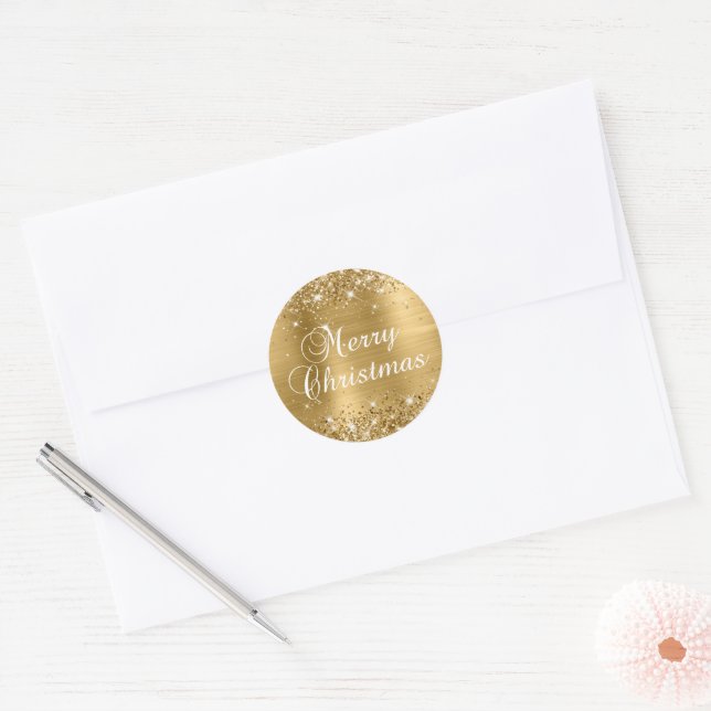 Glittery Gold Foil Merry Christmas Classic Round Sticker (Envelope)