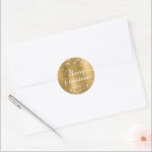 Glittery Gold Foil Merry Christmas Classic Round Sticker<br><div class="desc">Fancy calligraphy Merry Christmas envelope seal stickers for your special holiday greetings or invite. Girly faux sparkly gold glitter on the top and bottom edge over a faux golden brushed metal style ombre foil. The colour of the old-fashioned text graphic can be changed. The main colours are golden yellow, beige,...</div>
