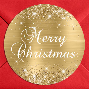 Glittery Gold Foil Merry Christmas Classic Round Sticker