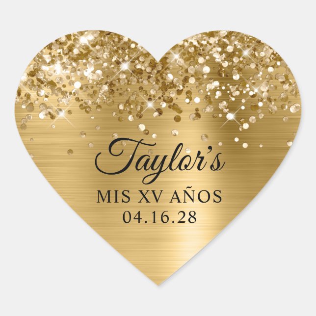 Glittery Gold Foil Mis XV Años Heart Sticker (Front)