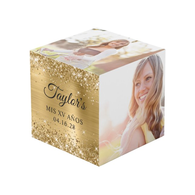 Glittery Gold Foil Mis XV Años Photo Cube (Front Angled)
