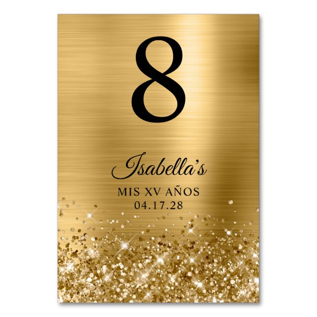 Glittery Gold Foil Mis XV Anos Table Number (Front)