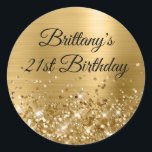 Glittery Gold Foil Modern 21st Birthday Classic Round Sticker<br><div class="desc">Create your own fancy monogram stylish milestone 21st birthday celebration envelope seals for her. The background features a golden yellow ombre brushed metal style foil digital art graphic. Along the bottom is a band of gold faux glitter girly glam. Customize the font colour, size or style. The luxury sparkles, glitter...</div>