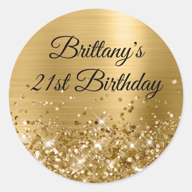 Glittery Gold Foil Modern 21st Birthday Classic Round Sticker (Front)