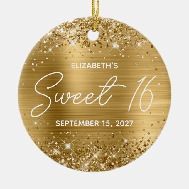 Glittery Gold Foil Modern Fancy Sweet 16 Photo Ceramic Ornament (Front)