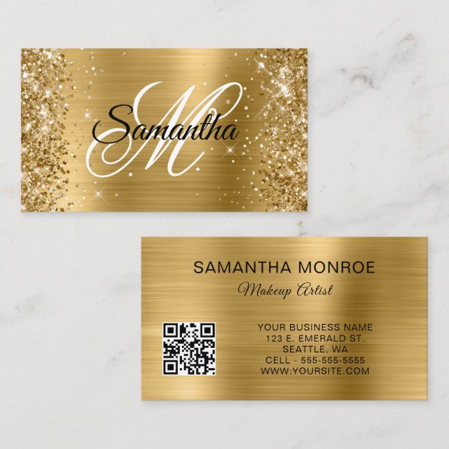 Glittery Gold Foil Monogram QR Code Business Card (Front/Back)