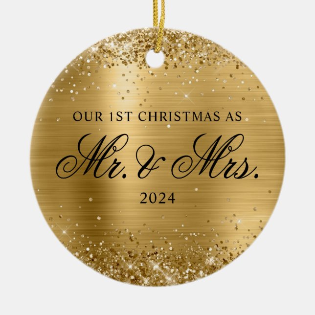 Glittery Gold Foil Our 1st Christmas Photo Ceramic Ornament (Front)