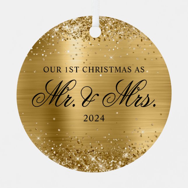 Glittery Gold Foil Our 1st Christmas Photo Metal Ornament (Front)