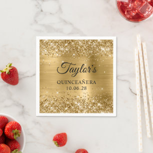 Glittery Gold Foil Personalized Quinceañera Napkin