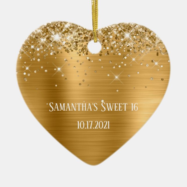 Glittery Gold Foil Personalized Sweet 16 Ceramic Ornament (Front)