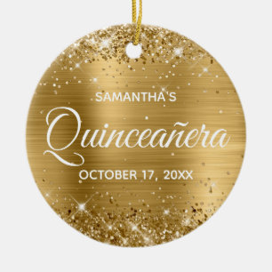 Glittery Gold Foil Quinceañera Ceramic Ornament
