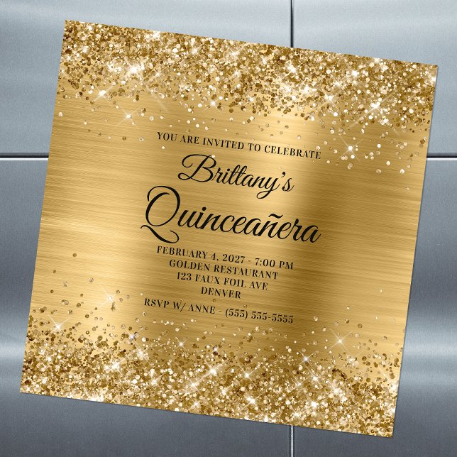 Glittery Gold Foil Quinceañera Magnetic Invitation (Creator Uploaded)