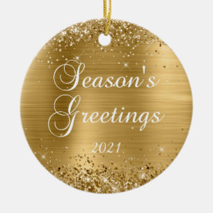 Glittery Gold Foil Season's Greetings Photo Ceramic Ornament