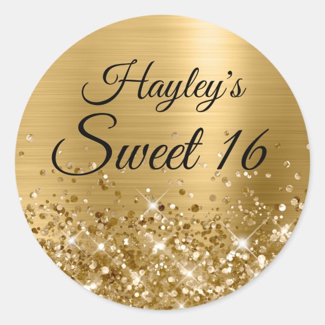 Glittery Gold Foil Sweet 16 Classic Round Sticker (Front)