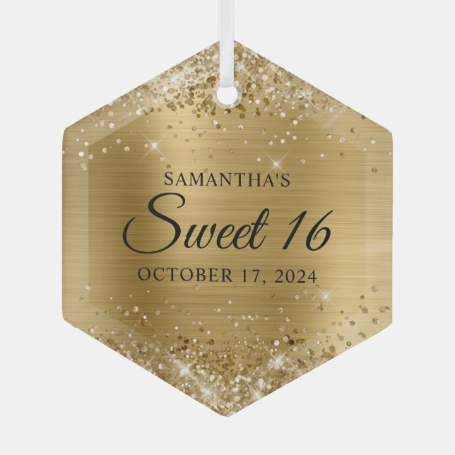 Glittery Gold Foil Sweet 16 Glass Ornament (Front)