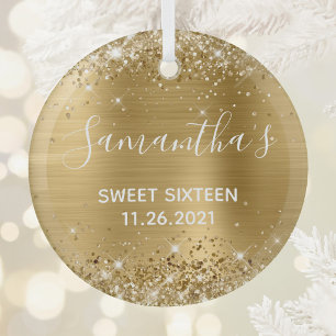 Glittery Gold Foil Sweet 16 Glass Ornament