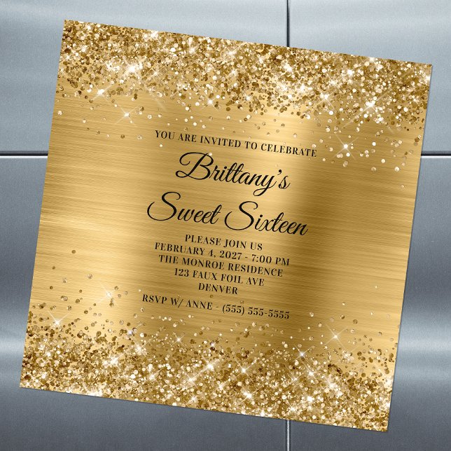 Glittery Gold Foil Sweet Sixteen Magnetic Invitation (Creator Uploaded)