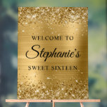 Glittery Gold Foil Sweet Sixteen Welcome Acrylic Sign<br><div class="desc">Create your own 16th birthday party welcome 18x24 vertical acrylic sign for your daughter. Replace the sample image with your own family photo. Customize the modern elegant calligraphy with a modern all caps style font to create your own personalized sign. The background features a faux sparkly gold glitter with a...</div>