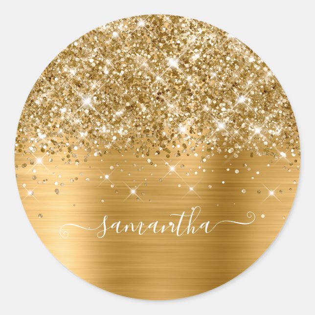 Glittery Gold Girly Signature Calligraphy Classic Round Sticker (Front)