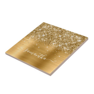 Glittery Gold Girly Signature Calligraphy Tile