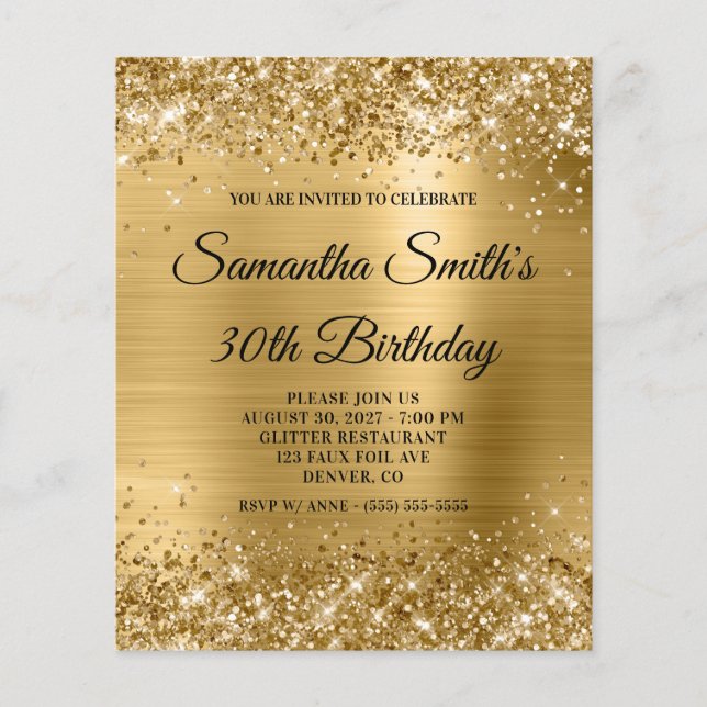 Glittery Gold Glam 30th Birthday Invite Flyer (Front)