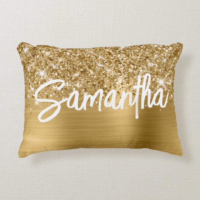 Glittery Gold Glam Brush Script Name Accent Pillow (Front)