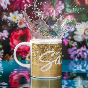 Glittery Gold Glam Brush Script Name Coffee Mug