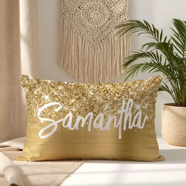 Glittery Gold Glam Brush Script Name Lumbar Pillow (Glittery Gold Glam Brush Script Name Lumbar Pillow)