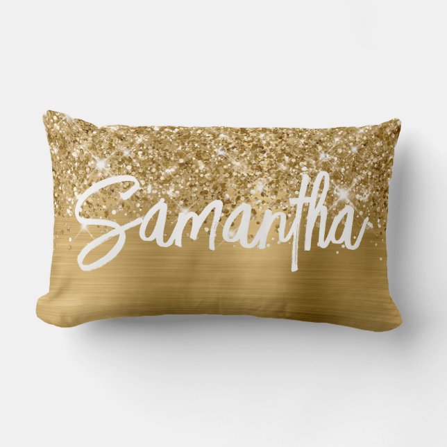 Glittery Gold Glam Brush Script Name Lumbar Pillow (Front)