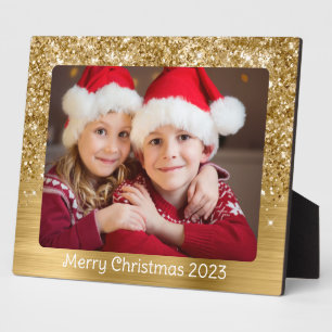Glittery Gold Glam Christmas Family Photo Plaque