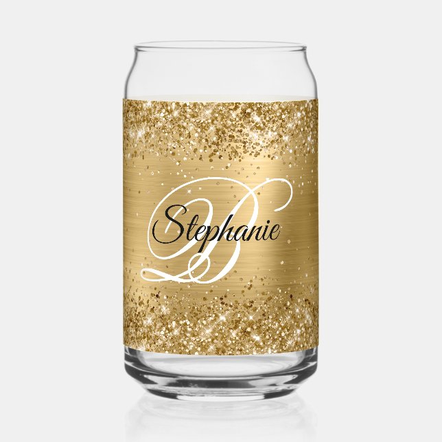 Glittery Gold Glam Fancy Monogram Can Glass (Front)