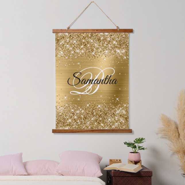 Glittery Gold Glam Fancy Monogram Hanging Tapestry (Bedroom)