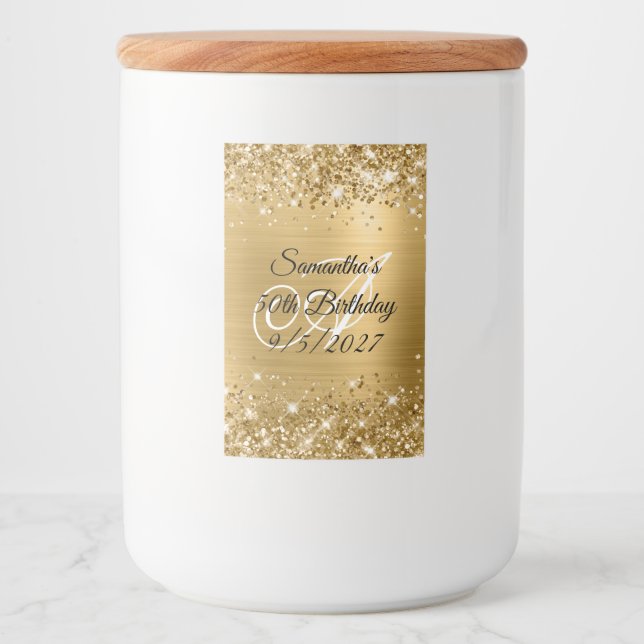 Glittery Gold Glam Monogram 50th Birthday Food Label (Front)