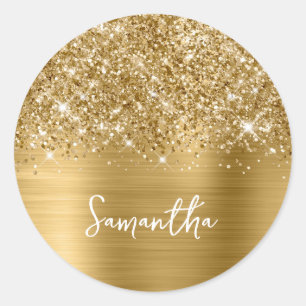 Glittery Gold Glam Name Classic Round Sticker
