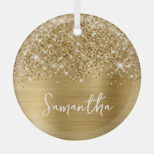 Glittery Gold Glam Name Glass Ornament