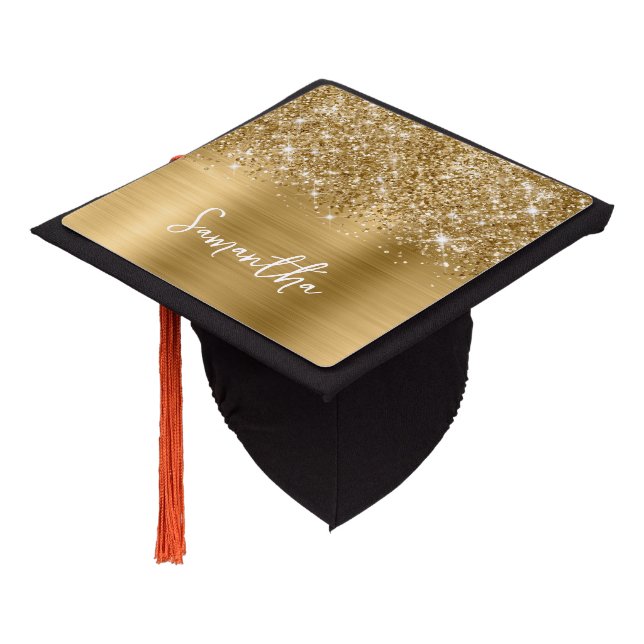 Glittery Gold Glam Name Graduation Cap Topper (Angled)
