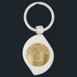 Glittery Gold Glam Name Keychain<br><div class="desc">Customize the modern handwritten style script to create your own decorative keychain.
Add a monogram initial to create a first name initial combination.
Girly faux gold glitter and brushed metal foil digital art will print like a photo..
Replace the placeholder photo of a young girl with your daughter.</div>