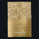 Glittery Gold Glam Name Kitchen Towel<br><div class="desc">Customize the modern handwritten style script to create your own personalized  kitchen towel for her new home.
Add a monogram initial to create a first name initial combination.
Girly faux gold glitter and golden metallic foil digital art that will print like a photo on your design.</div>