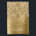 Glittery Gold Glam Name Kitchen Towel<br><div class="desc">Customize the modern handwritten style script to create your own personalized kitchen towel for her new home.
Add a monogram initial to create a first name initial combination.
Girly faux gold glitter and golden metallic foil digital art that will print like a photo on your design.</div>