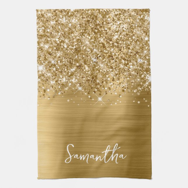 Glittery Gold Glam Name Kitchen Towel (Vertical)