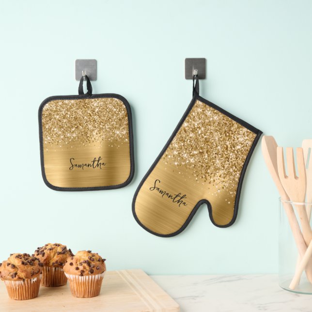 Glittery Gold Glam Name Oven Mitt & Pot Holder Set (Insitu(Hanging))