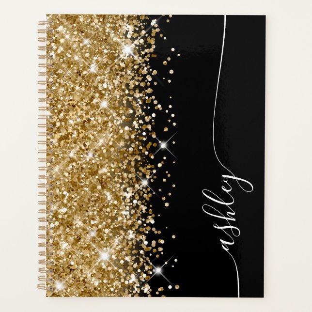 Glittery Gold Glam Noir et blanc Élégant Script (Devant)