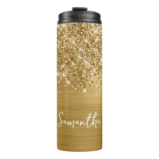 Glittery Gold Glam Personalized Name Thermal Tumbler (Front)