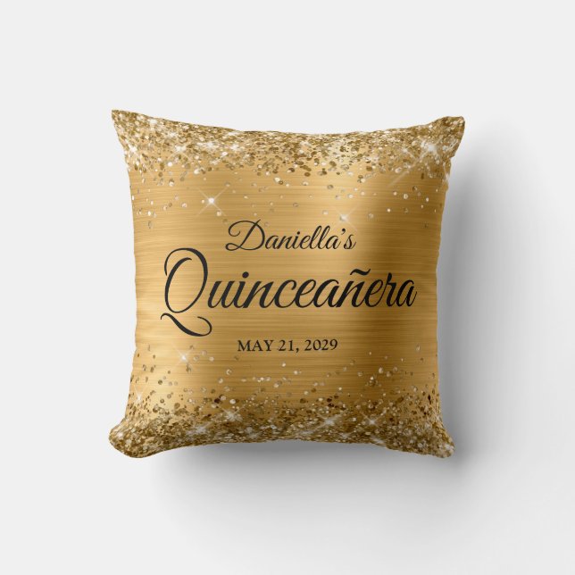 Glittery Gold Glam Quinceanera Photo Throw Pillow (Front)