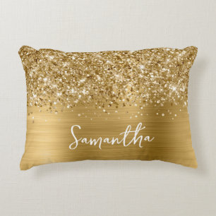 Glittery Gold Glam Script Name Accent Pillow