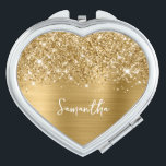 Glittery Gold Glam Script Name Heart Makeup Mirror<br><div class="desc">Customize the modern handwritten style calligraphy script to create your own heart shaped makeup compact. Add a monogram initial to create a first name initial combination. There are many nice font styles to personalize this design. Girly faux gold glitter and brushed metal foil digital art (it will print like a...</div>