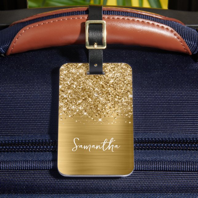 Glittery Gold Glam Script Name Luggage Tag (Front Insitu 2)
