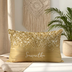 Glittery Gold Glam Script Name Lumbar Pillow